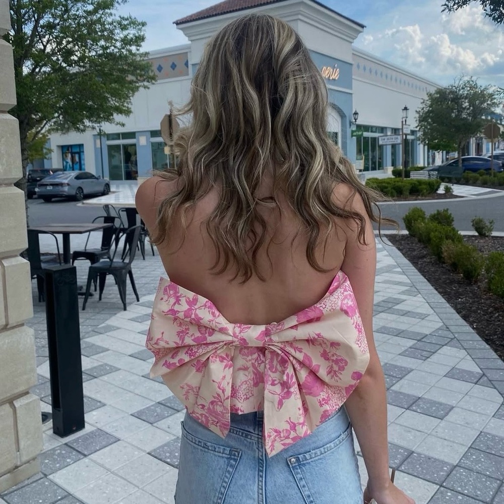 Pink Floral and Bow Strapless top